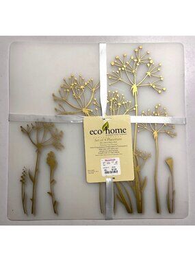 Set Of 4 Eco Home 15"x15" Transparent Placemats With Gold Botanical Design 100%